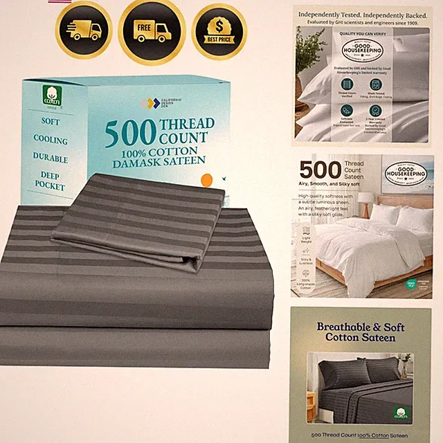 500-Thread-Count Twin Size Sheet Set - 100% Cotton Sateen Weave, 3 Piece Grey...