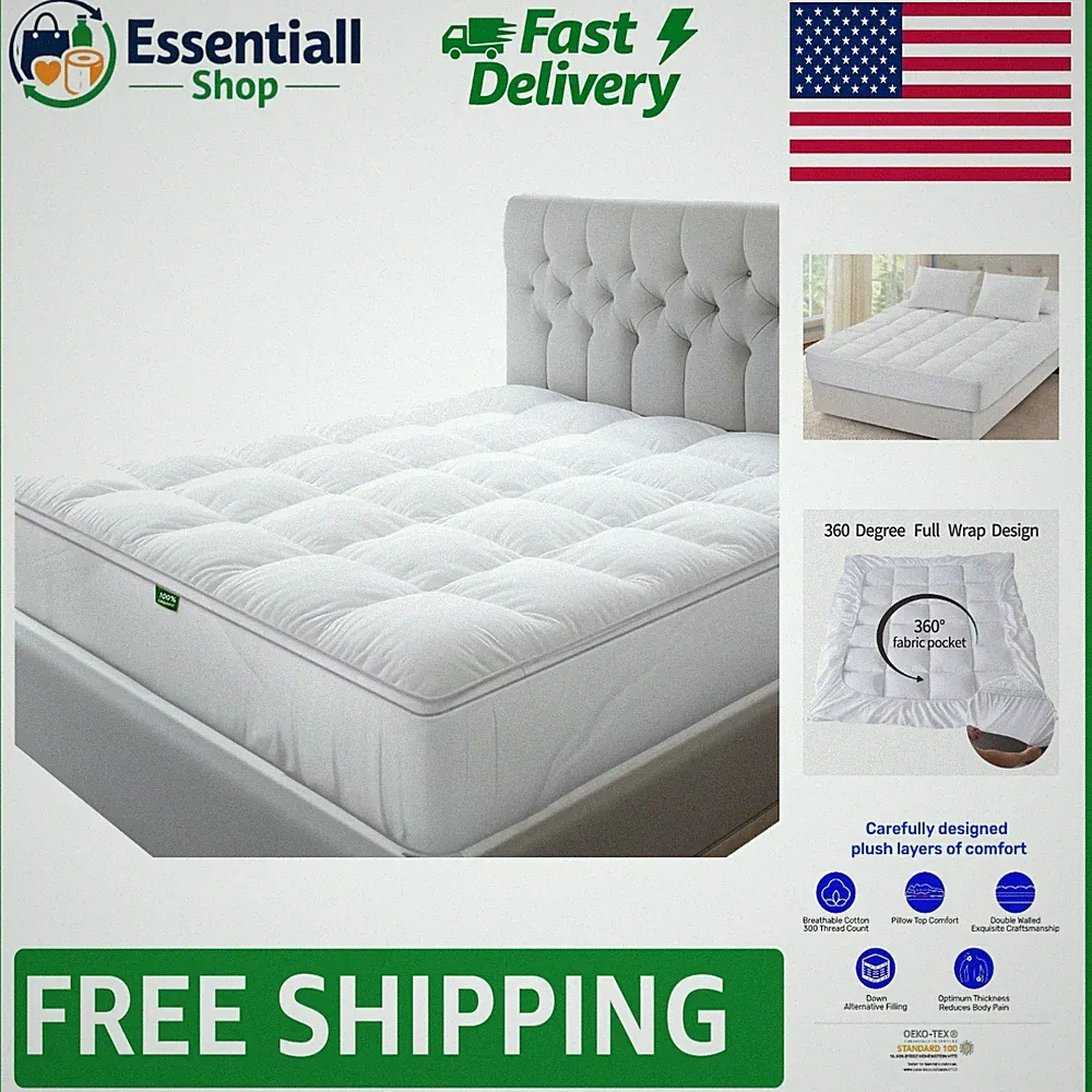 Luxurious 100% Cotton Cooling Mattress Topper - Full Size, Fits Up to 20 Inches