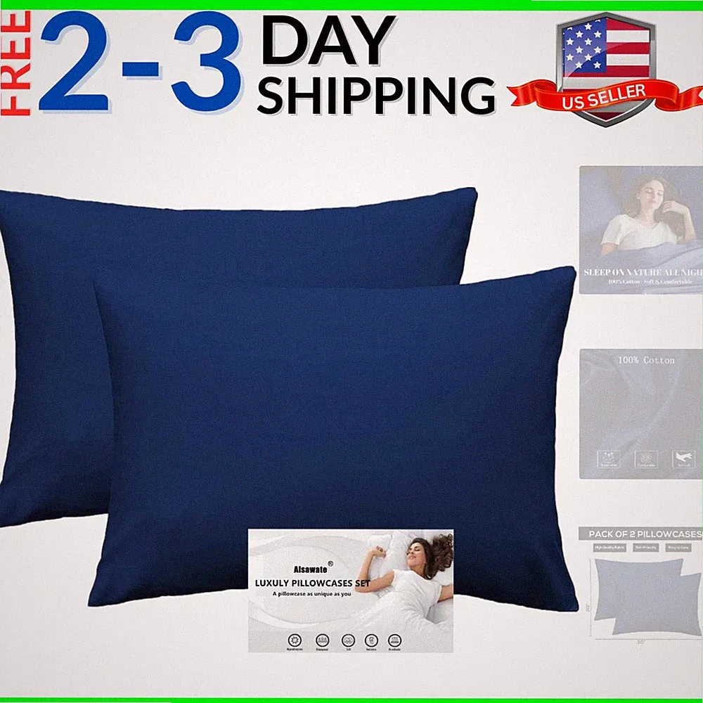 Navy Blue Standard Pillow Shams 2 Pack- 500 Thread Count Cotton 20x30 Sham Co...