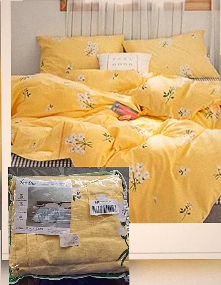 Queen Duvet Cover Pillowcase Floral Yellow 3pcs Set 100% Cotton 500 Thread Count